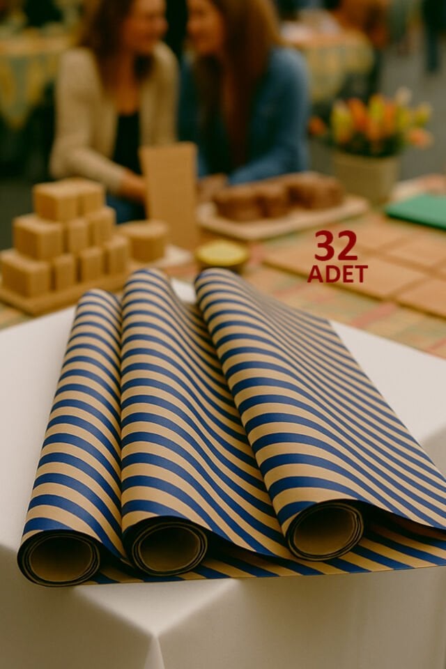 Kraft Lacivert Verev Çizgi Ambalaj Kağıdı 33 Adet 70x100cm Hediye Paketleme Hediye Kağıdı