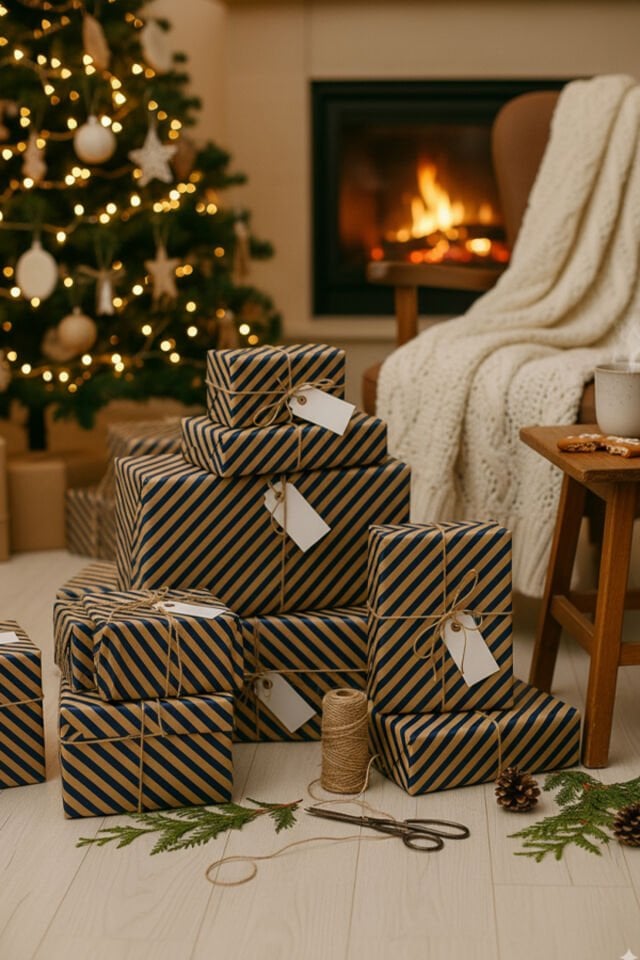 Kraft Lacivert Verev Çizgi Ambalaj Kağıdı 33 Adet 70x100cm Hediye Paketleme Hediye Kağıdı