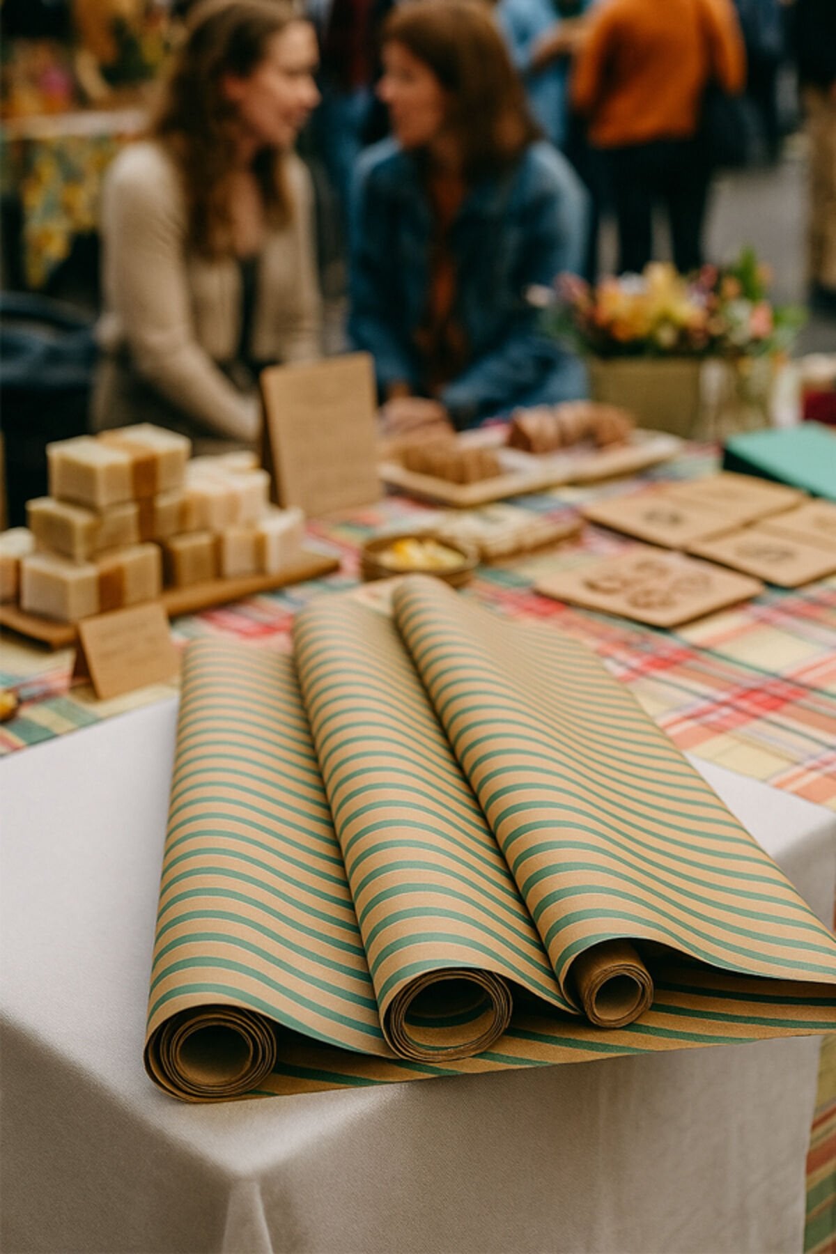 Kraft Yeşil Verev Çizgi Ambalaj Kağıdı 10 Adet 70x100cm Hediye Paketleme Hediye Kağıdı