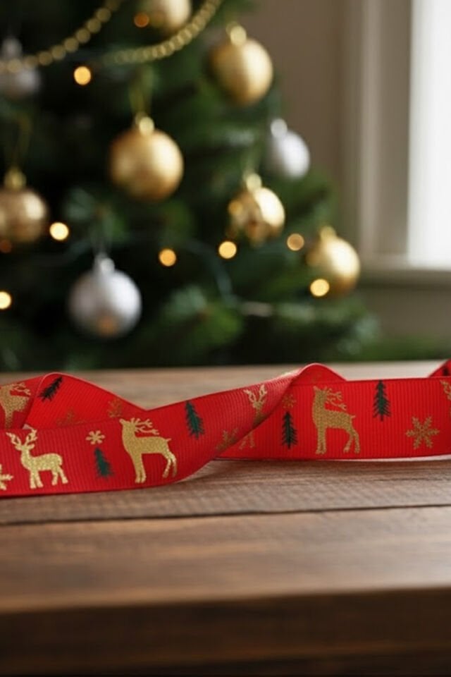 Winter Glow Yılbaşı Kurdelesi 18 Metre / 2.5 cm – Kırmızı Üzeri Altın Desenli Dekoratif Kurdele