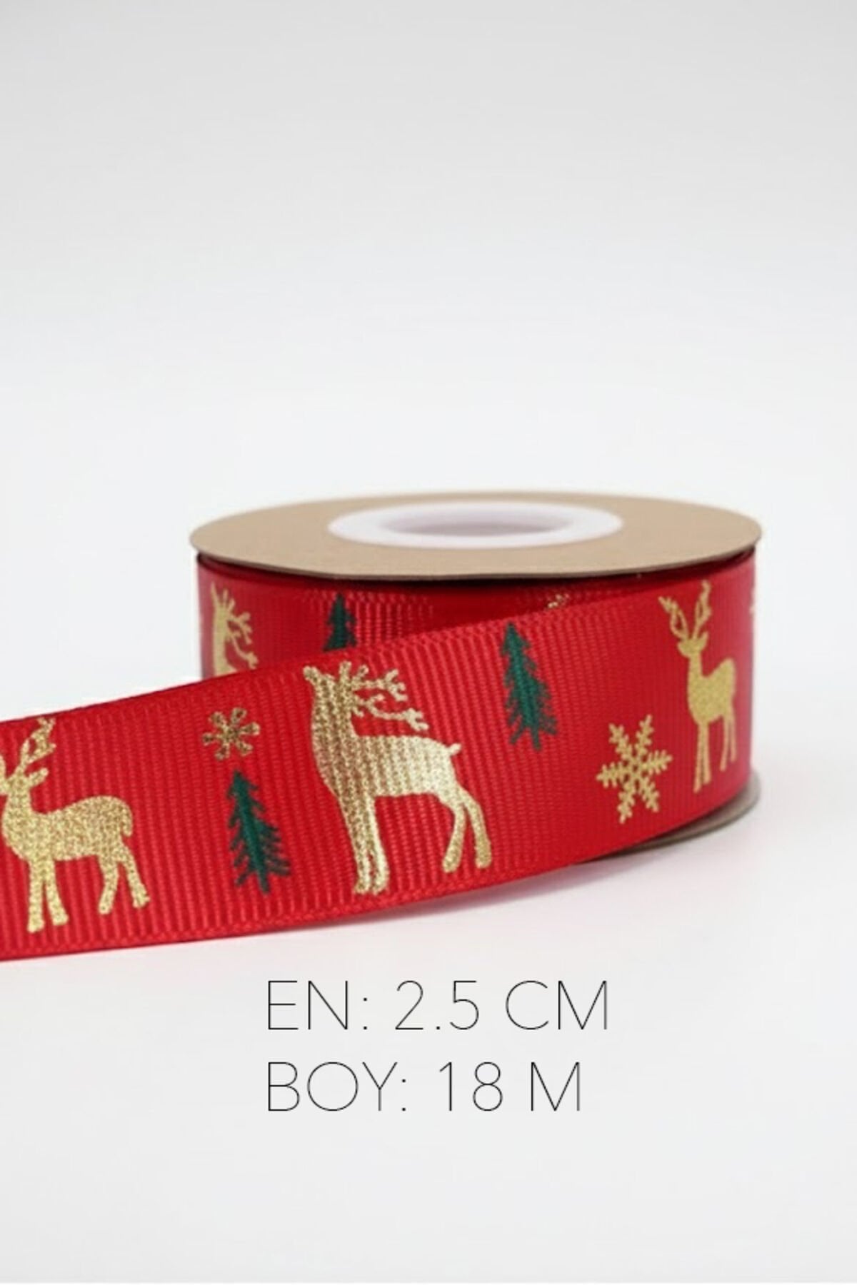 Winter Glow Yılbaşı Kurdelesi 18 Metre / 2.5 cm – Kırmızı Üzeri Altın Desenli Dekoratif Kurdele