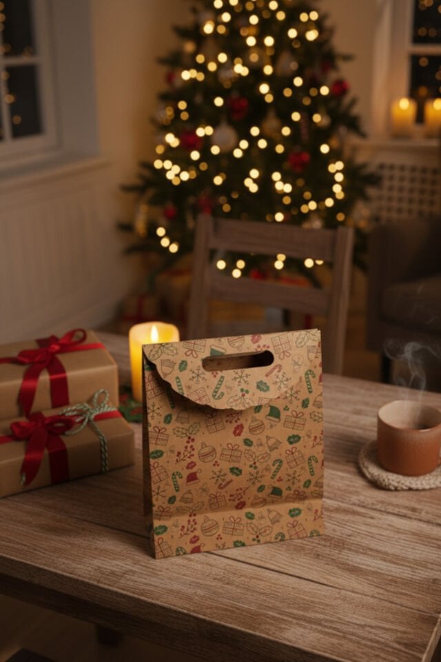 El Geçme Kraft Çanta – Yılbaşı Desenli, 1 Adet 25x32x8 cm, Yılbaşı Poşet, Hediyelik Çanta