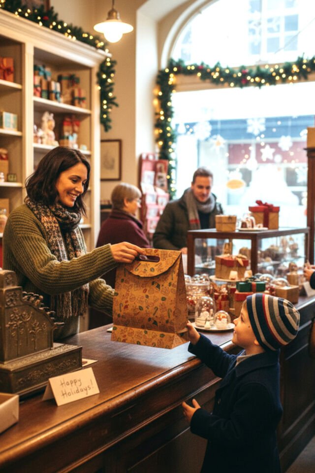 El Geçme Kraft Çanta – Yılbaşı Desenli, 10 Adet 25x32x8 cm, Yılbaşı Poşet, Hediyelik Çanta