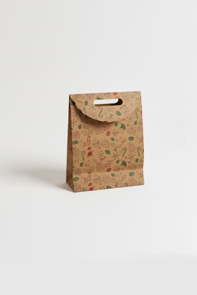 El Geçme Kraft Çanta – Yılbaşı Desenli, 10 Adet 25x32x8 cm, Yılbaşı Poşet, Hediyelik Çanta