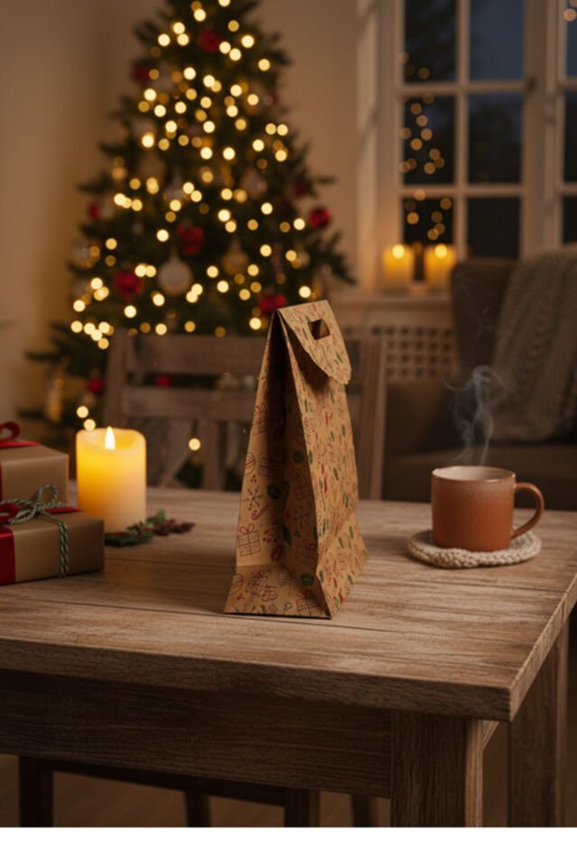 El Geçme Kraft Çanta – Yılbaşı Desenli, 6 Adet 25x32x8 cm, Yılbaşı Poşet, Hediyelik Çanta