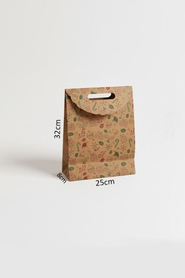 El Geçme Kraft Çanta – Yılbaşı Desenli, 6 Adet 25x32x8 cm, Yılbaşı Poşet, Hediyelik Çanta
