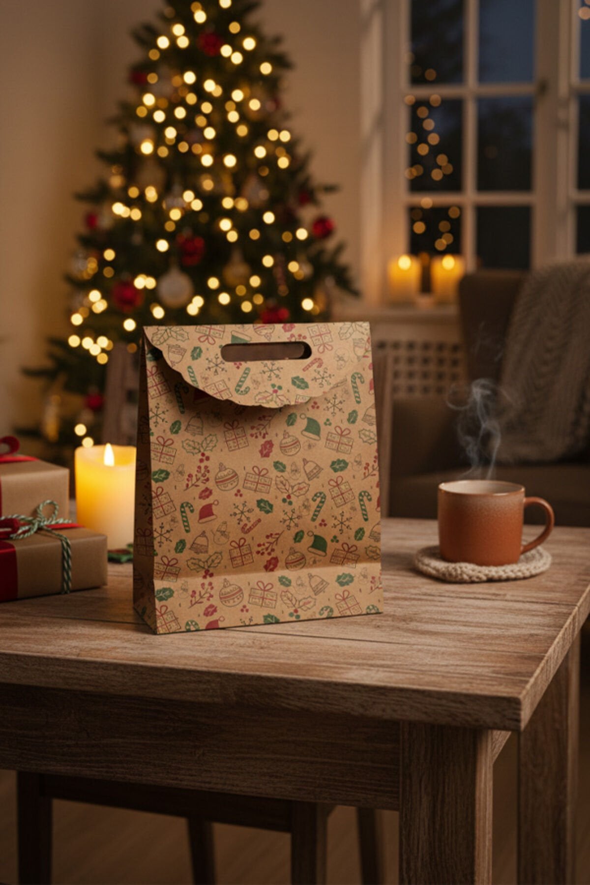 El Geçme Kraft Çanta – Yılbaşı Desenli, 6 Adet 25x32x8 cm, Yılbaşı Poşet, Hediyelik Çanta