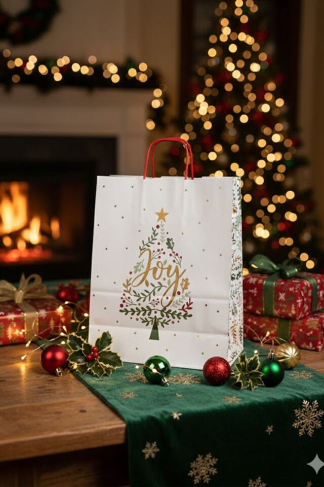 Yılbaşı Temalı Baskılı Hediye Poşeti 1 Adet - Beyaz İnce Kraft Çanta, Hediyelik ve Noel Paketi İçin
