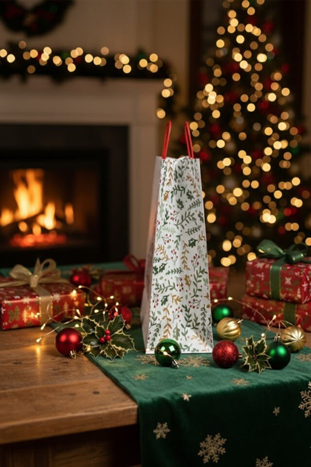 Yılbaşı Temalı Baskılı Hediye Poşeti 1 Adet - Beyaz İnce Kraft Çanta, Hediyelik ve Noel Paketi İçin