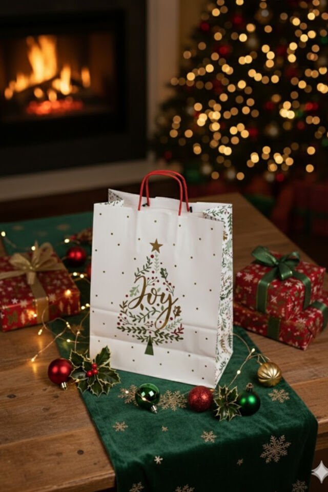 Yılbaşı Temalı Baskılı Hediye Poşeti 1 Adet - Beyaz İnce Kraft Çanta, Hediyelik ve Noel Paketi İçin