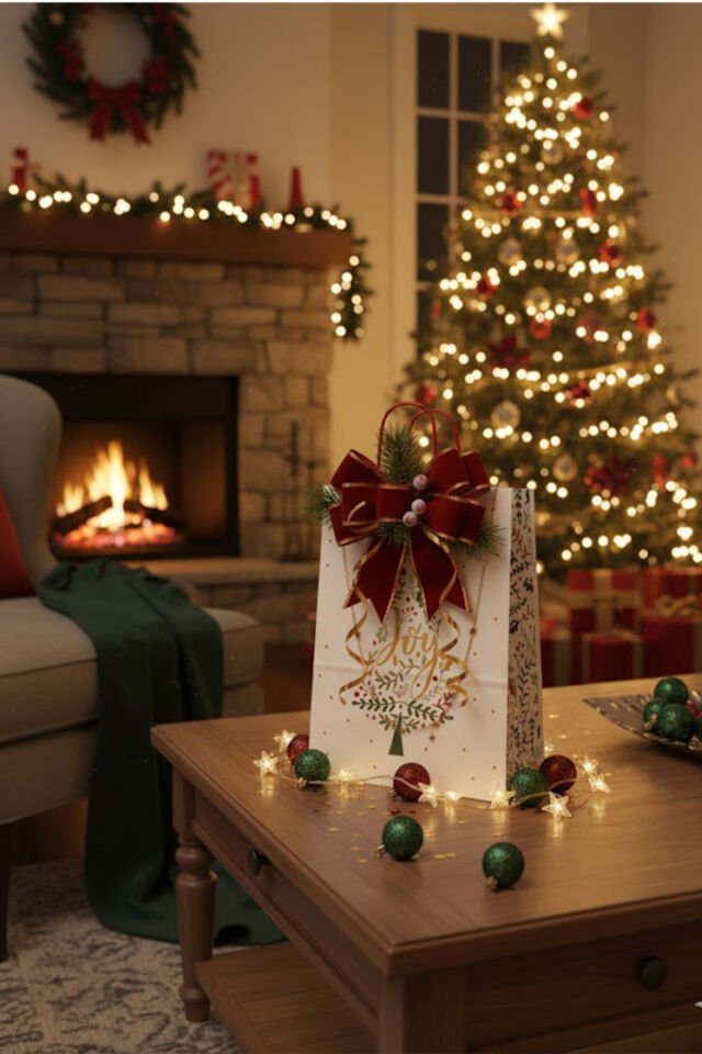 Yılbaşı Temalı Baskılı Hediye Poşeti 1 Adet - Beyaz İnce Kraft Çanta, Hediyelik ve Noel Paketi İçin