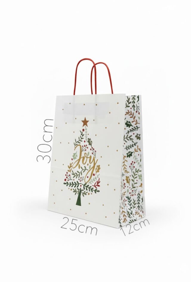 Yılbaşı Temalı Baskılı Hediye Poşeti 1 Adet - Beyaz İnce Kraft Çanta, Hediyelik ve Noel Paketi İçin