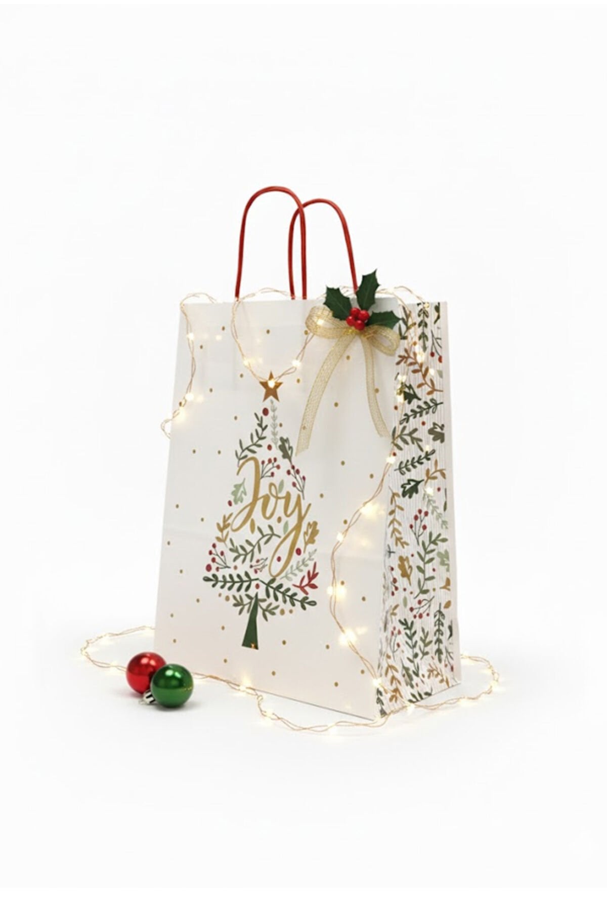 Yılbaşı Temalı Baskılı Hediye Poşeti 6 Adet - Beyaz İnce Kraft Çanta, Hediyelik ve Noel Paketi İçin