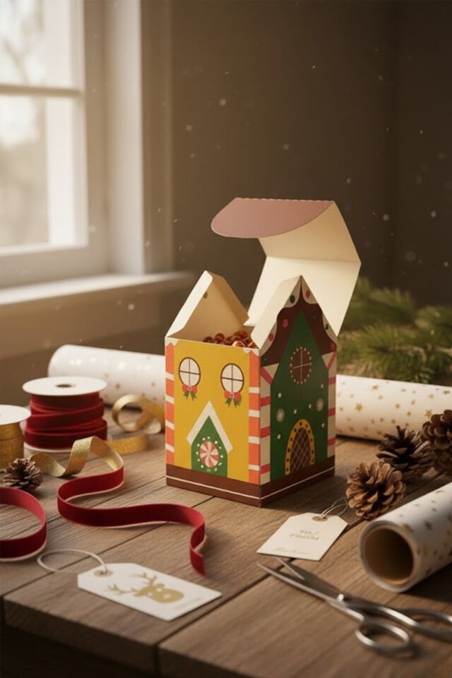 Yılbaşı Ev Kutu Kahvei Desen Çatı 6 Adet - 8.5x9.5x14 cm – Hediye Kutusu Karton Noel Evi Tasarım