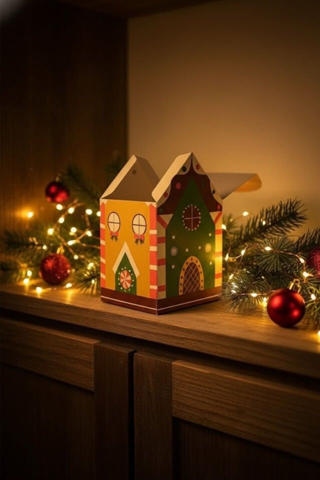 Yılbaşı Ev Kutu Kahvei Desen Çatı 6 Adet - 8.5x9.5x14 cm – Hediye Kutusu Karton Noel Evi Tasarım