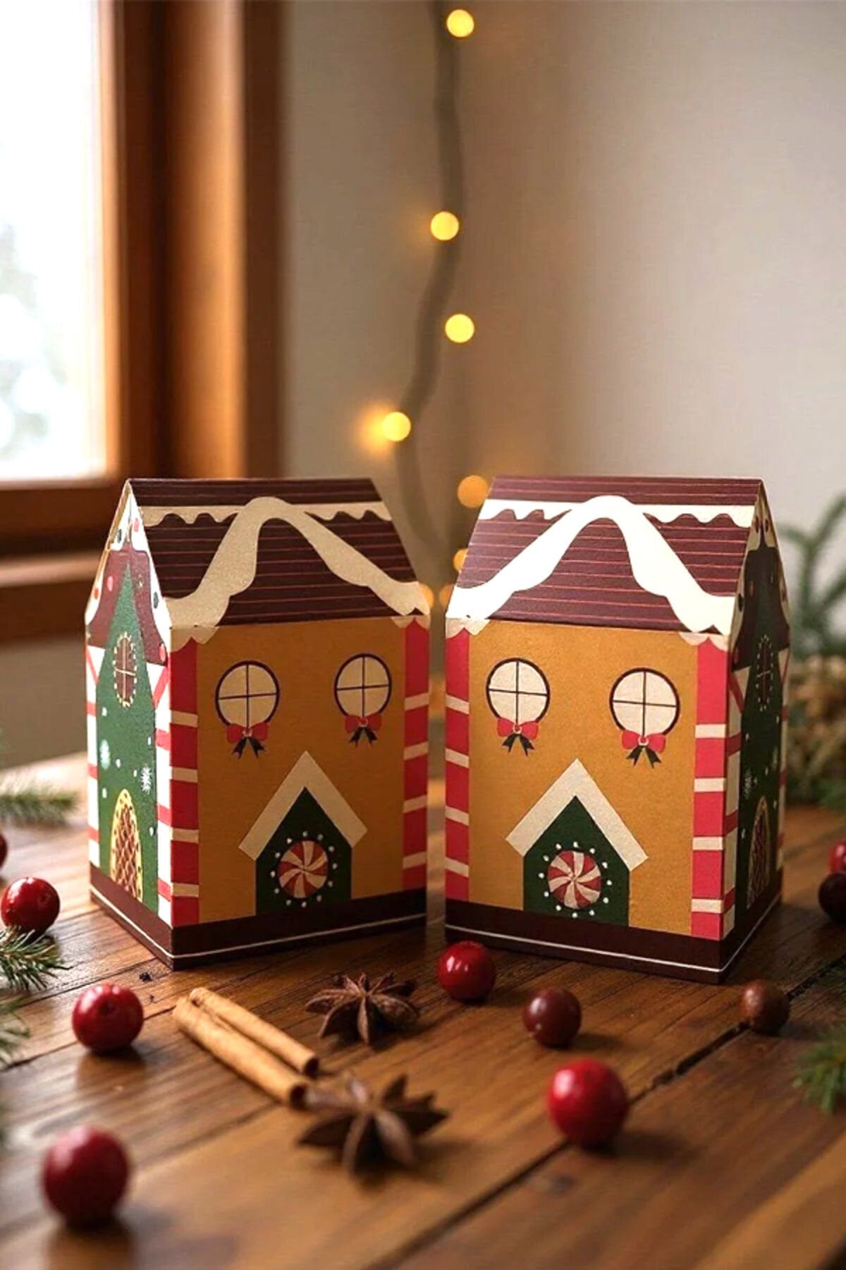 Yılbaşı Ev Kutu Kahvei Desen Çatı 6 Adet - 8.5x9.5x14 cm – Hediye Kutusu Karton Noel Evi Tasarım