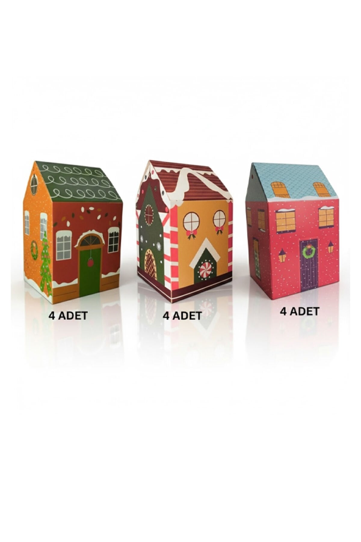 3’lü Yılbaşı Ev Kutu Seti 12 Adet – Dekoratif Hediye Kutusu, Noel Ev Temalı, 14x9,5x8,5 cm