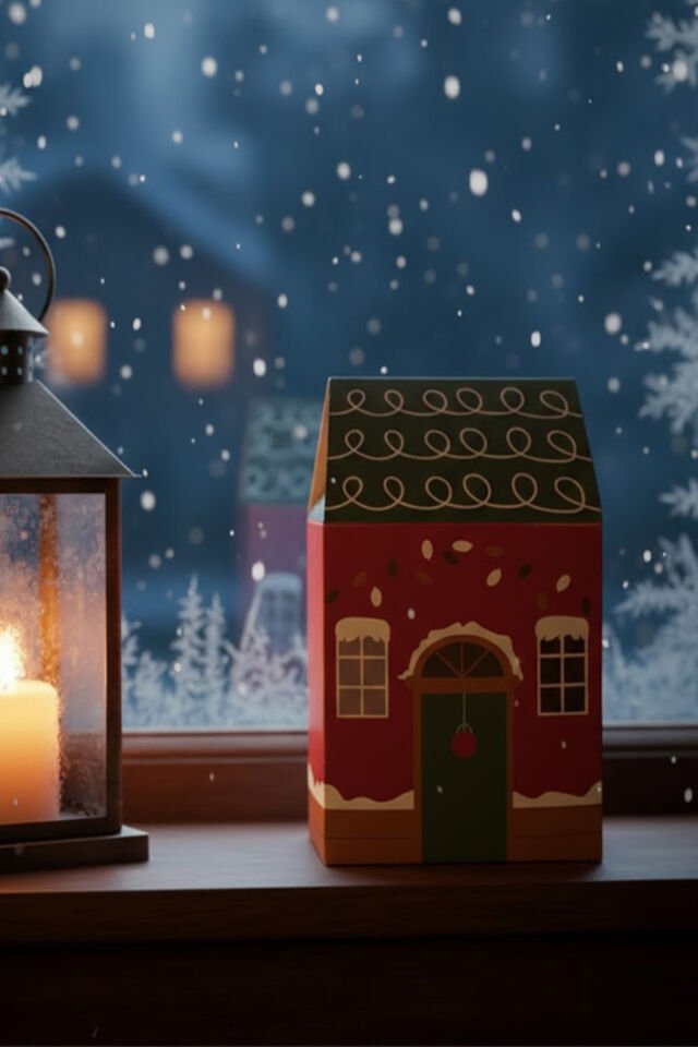 Yılbaşı Ev Kutu Çizgi Desen Çatı 1 Adet - 8.5x9.5x14 cm – Hediye Kutusu Karton Noel Evi Tasarım