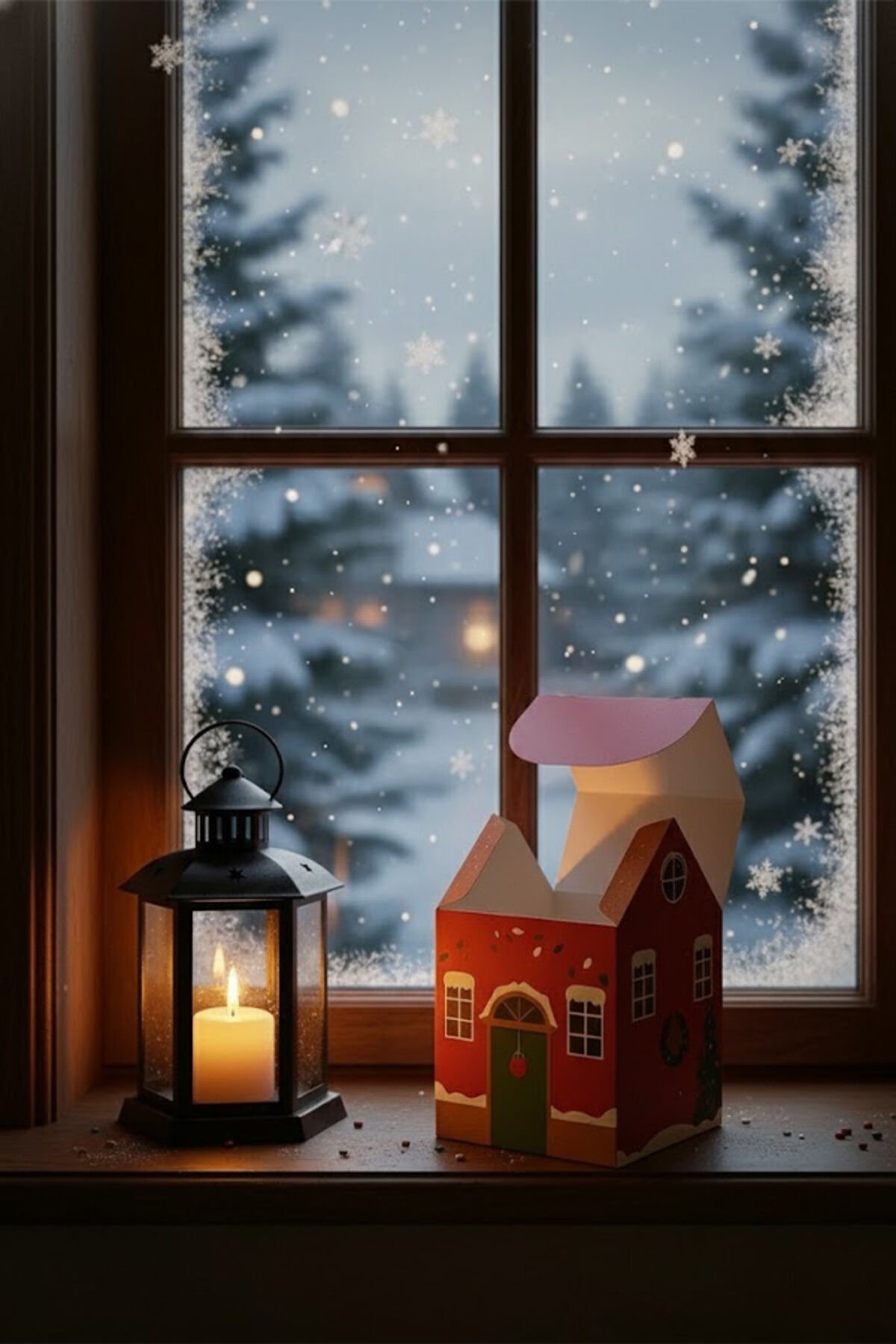 Yılbaşı Ev Kutu Çizgi Desen Çatı 1 Adet - 8.5x9.5x14 cm – Hediye Kutusu Karton Noel Evi Tasarım