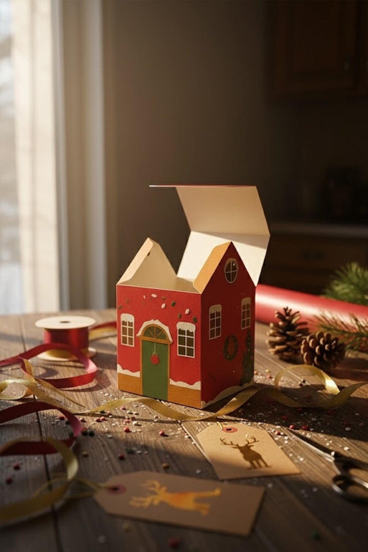 Yılbaşı Ev Kutu Çizgi Desen Çatı 6 Adet - 8.5x9.5x14 cm – Hediye Kutusu Karton Noel Evi Tasarım