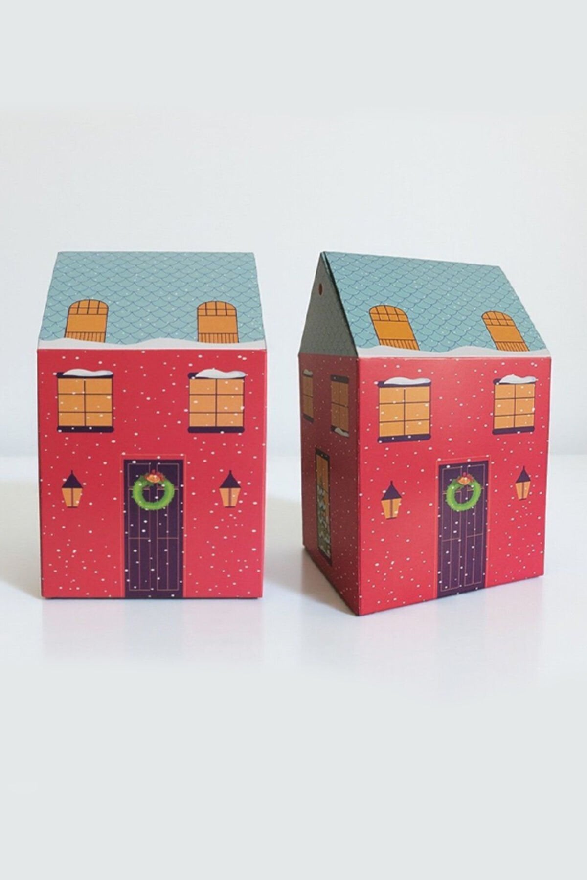 Yılbaşı Ev Kutu Tuğla Desen Çatı 12 Adet - 8.5x9.5x14 cm – Hediye Kutusu Karton Noel Evi Tasarım