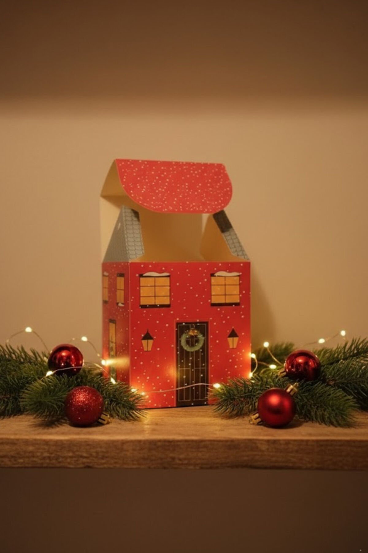 Yılbaşı Ev Kutu Tuğla Desen Çatı 6 Adet - 8.5x9.5x14 cm – Hediye Kutusu Karton Noel Evi Tasarım