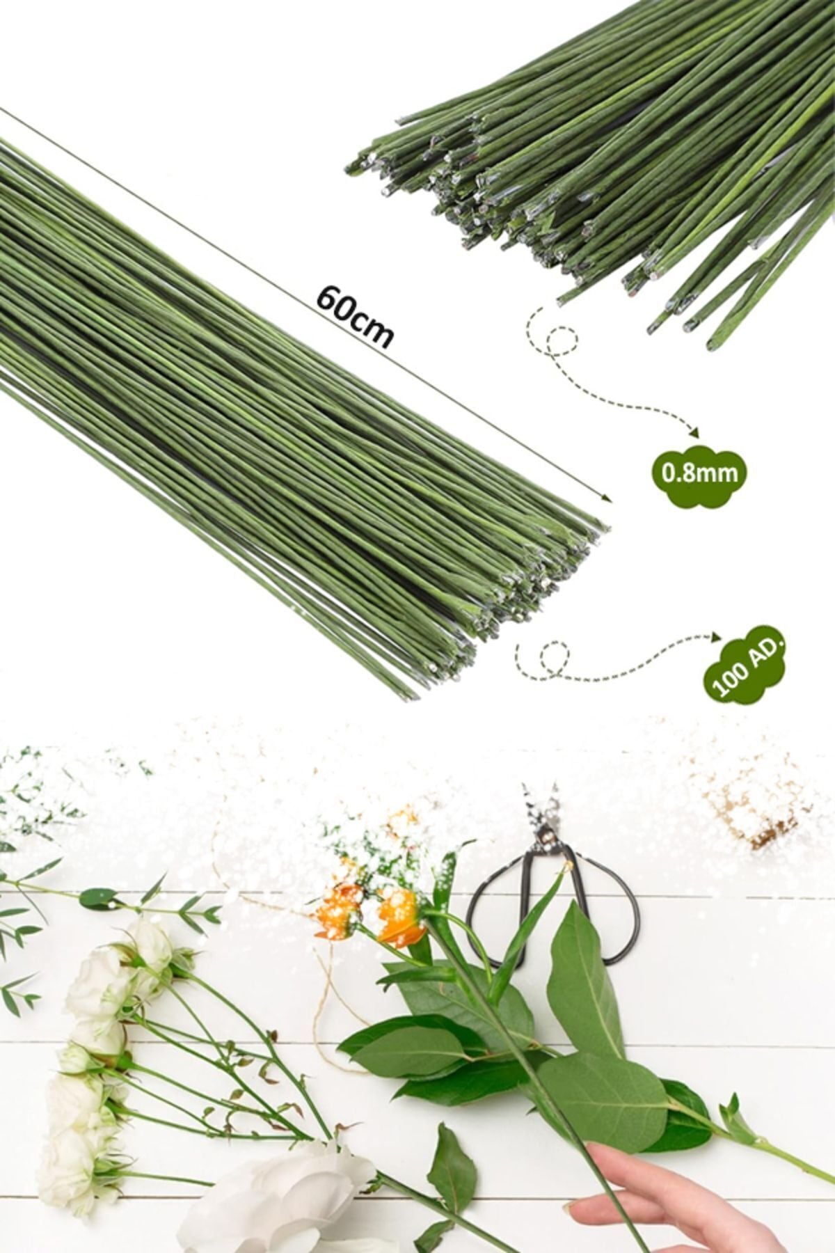 Çiçek Teli 0.8mm 100 Adet Çiçek Yapımı Yapay Çiçek Dalı Çiçek Bandı Sarılı Metal Çiçek Teli