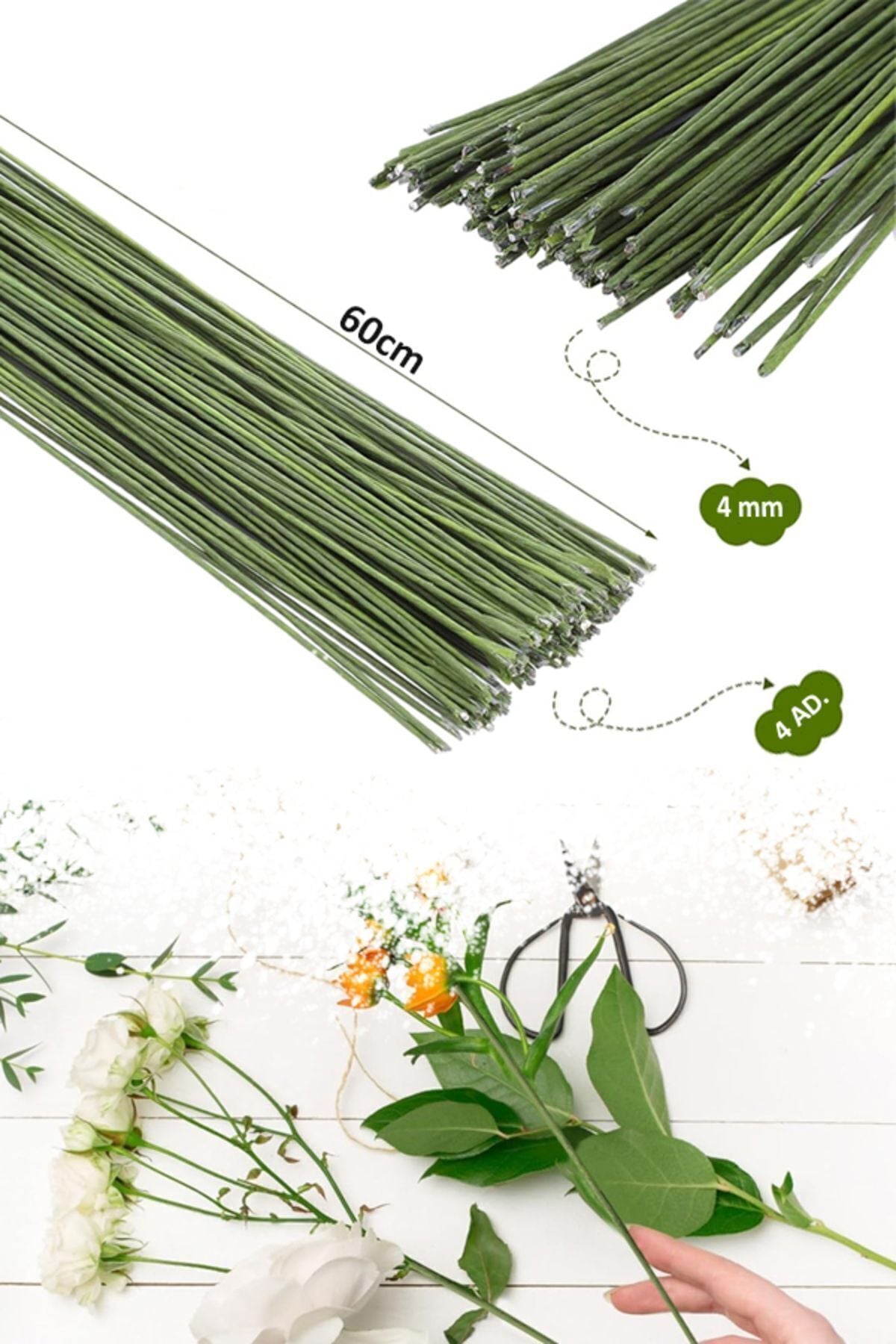 Çiçek Teli 4mm 8 Adet Çiçek Yapımı Yapay Çiçek Dalı Çiçek Bandı Sarılı Metal Çiçek Teli