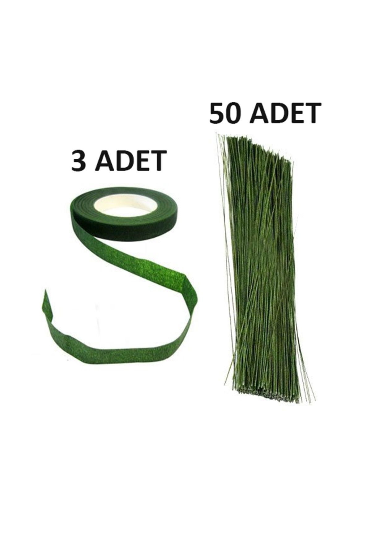 Yapışkanlı Çiçek Bandı ve Çiçek Teli 53Parça Çiçek Sarma Bandı 3 Adet Yeşil Çiçek Teli No:26 50 Adet