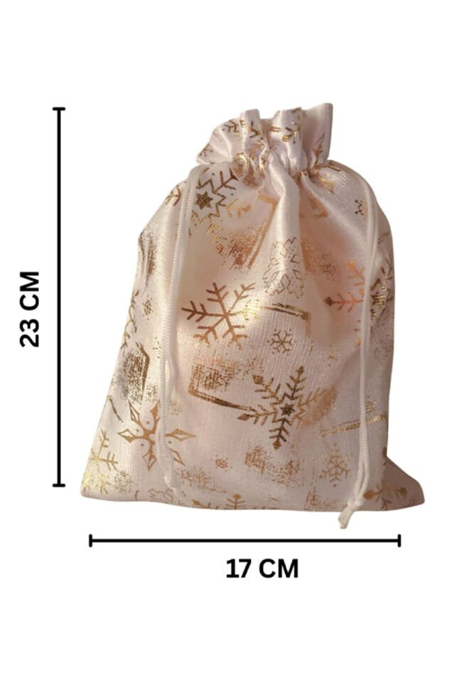 Büyük Boy Beyaz Altın Varaklı Kumaş Hediye Kesesi - 12 ADET - 17x23 cm – Yılbaşı Hediye Torbası, Beyaz Üzeri Altın Desenli