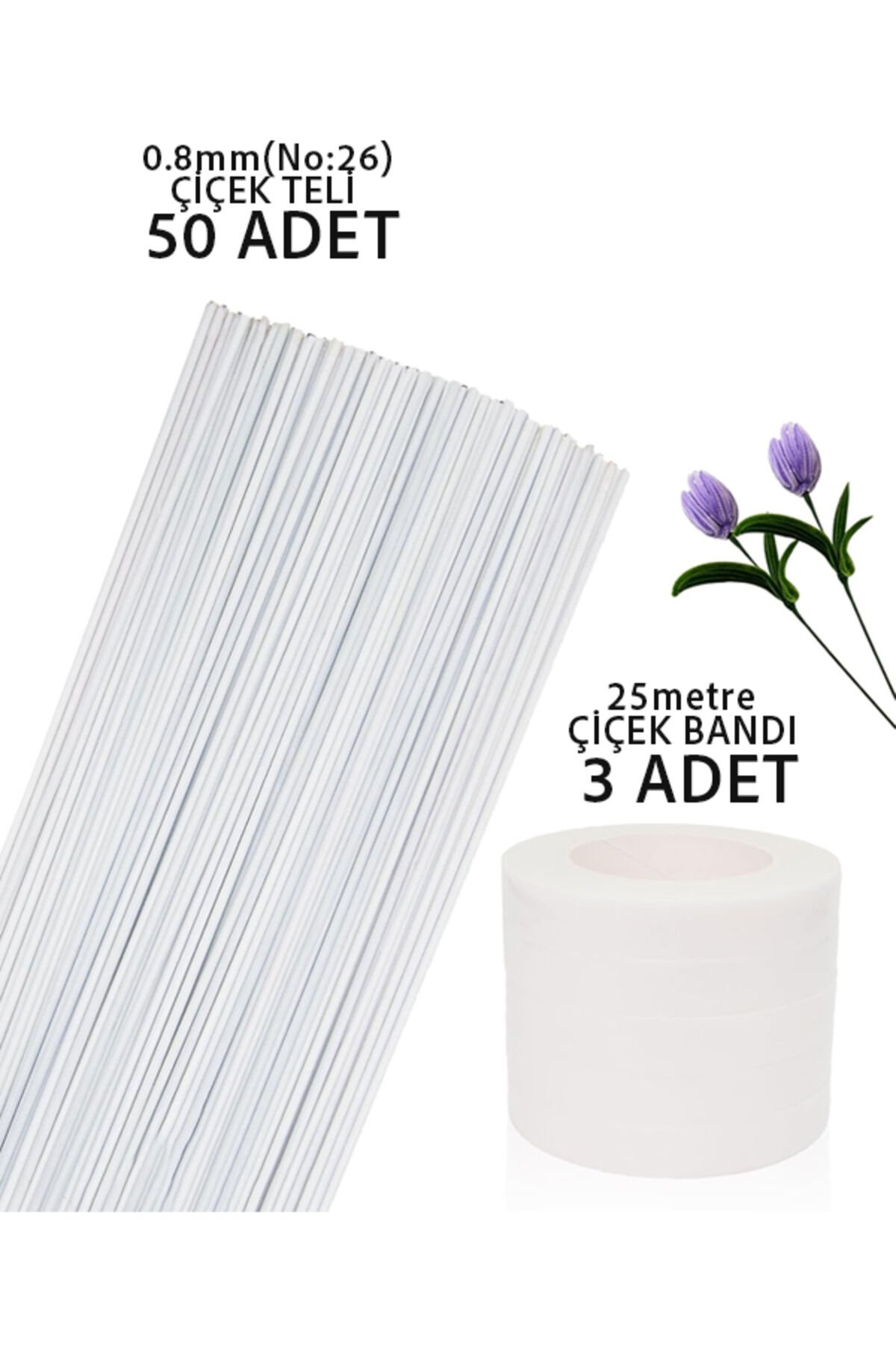 Yapışkanlı Çiçek Bandı ve Çiçek Teli BEYAZ 53Parça Çiçek Sarma Bandı 3 Adet 0.8mm Çiçek Teli 50 Ad. Beyaz