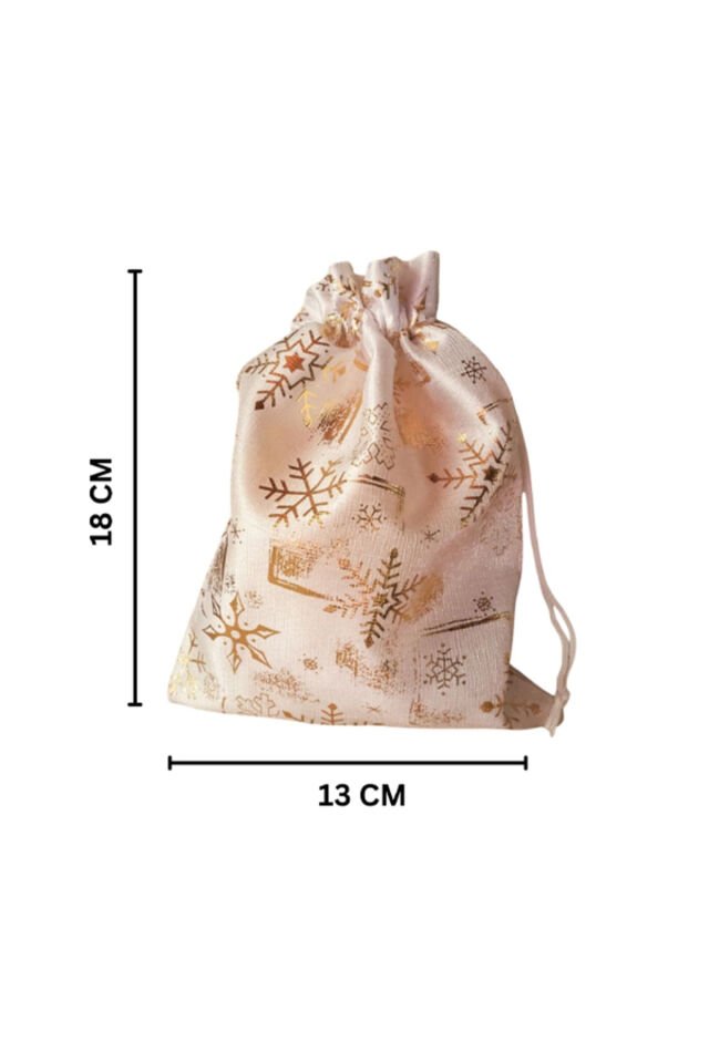 Küyük Boy Beyaz Altın Varaklı Kumaş Hediye Kesesi - 5 ADET - 13x18 cm – Yılbaşı Hediye Torbası Beyaz Üzeri Altın Desenli