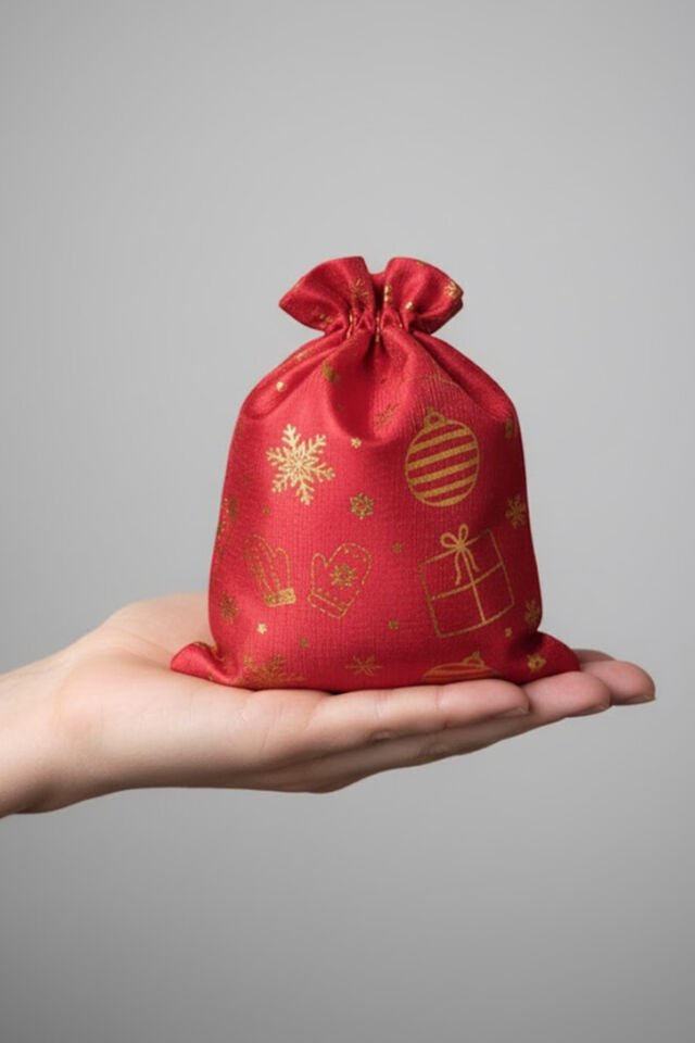 Küçük Boy Kırmızı Altın Varaklı Kumaş Hediye Kesesi - 12 ADET - 13x18 cm – Yılbaşı Hediye Torbası Kırmızı Üzeri Altın Desenli
