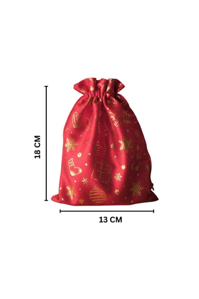 Küçük Boy Kırmızı Altın Varaklı Kumaş Hediye Kesesi - 12 ADET - 13x18 cm – Yılbaşı Hediye Torbası Kırmızı Üzeri Altın Desenli